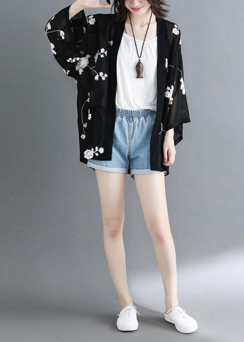 Plus Size Black Bat Wing Sleeve Summer Long Cardigans - Vit