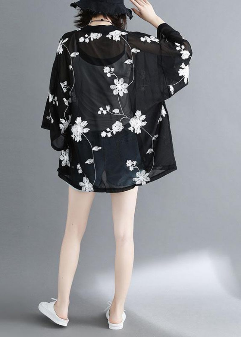 Plus Size Black Bat Wing Sleeve Summer Long Cardigans - Vit