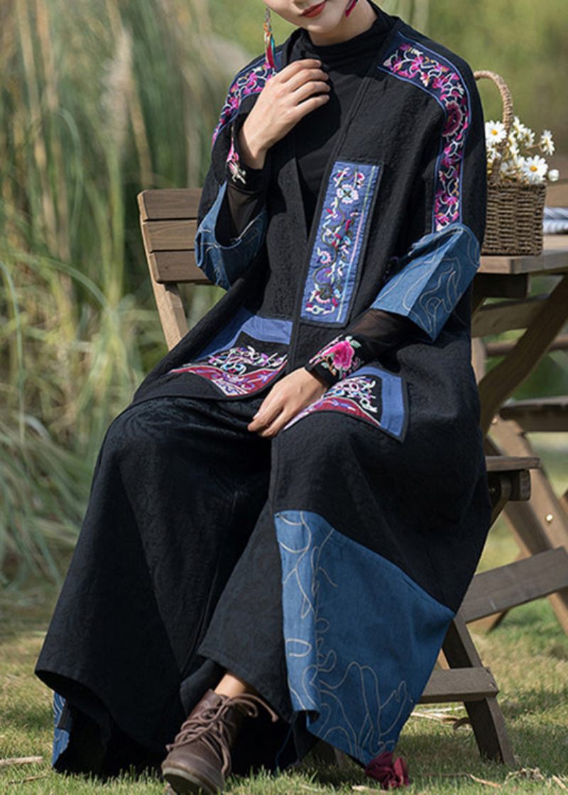 Plus Size Black Brodered Denim Patchwork Long Cardigan Fall - Koftor för kvinnor