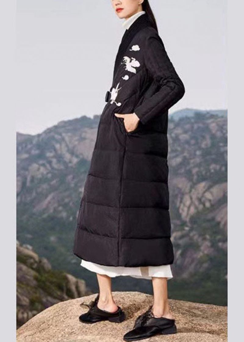 Plus Size Black Brodered Tie Midja Duck Down Puffer Coat Winter - Svart