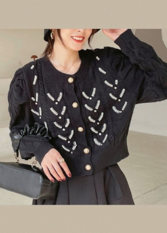 Plus Size Black Button Fashion Stickad Cardigan Spring