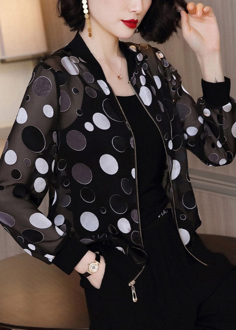 Plus Size Black Dot Print Zippere Chiffong Sunscreen Coat Långärmad