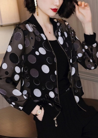 Plus Size Black Dot Print Zippere Chiffong Sunscreen Coat Långärmad