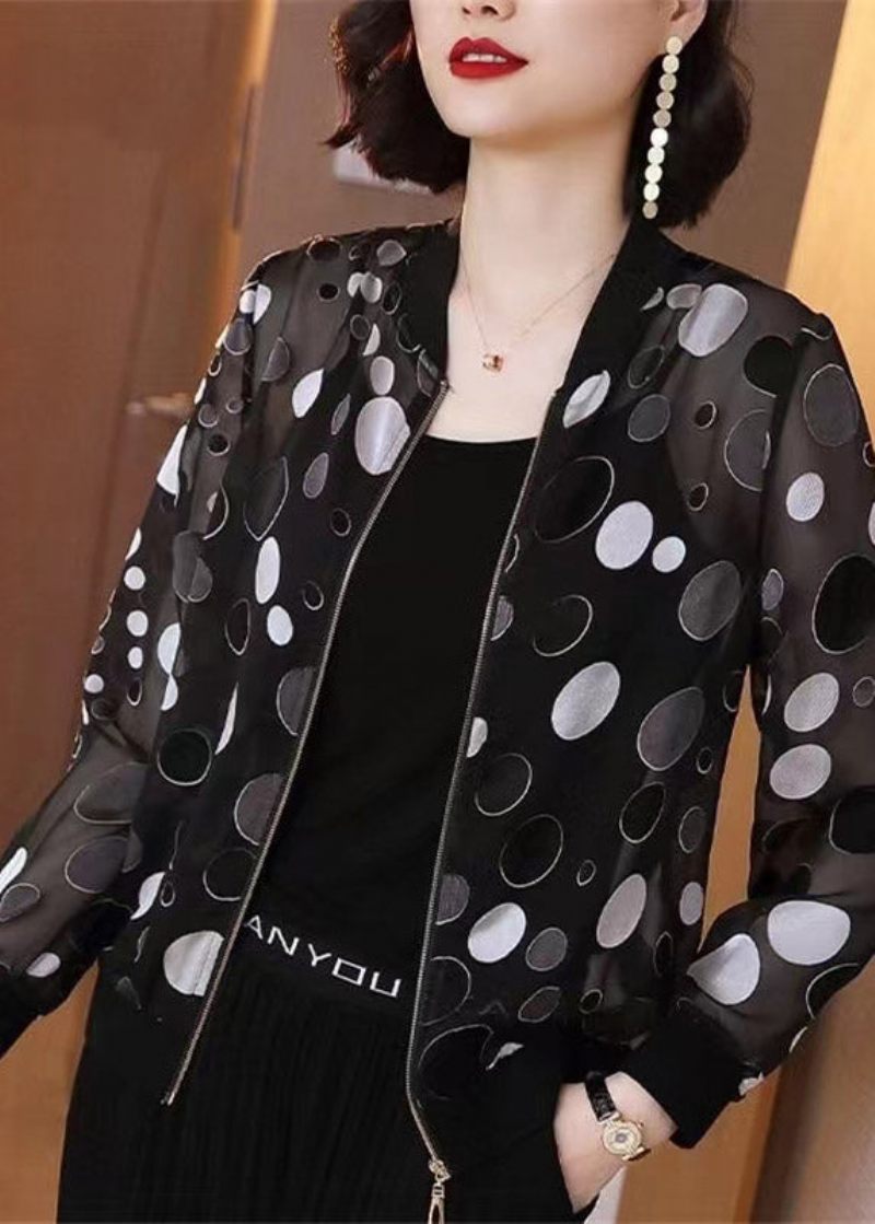 Plus Size Black Dot Print Zippere Chiffong Sunscreen Coat Långärmad - Vinterkappor för kvinnor