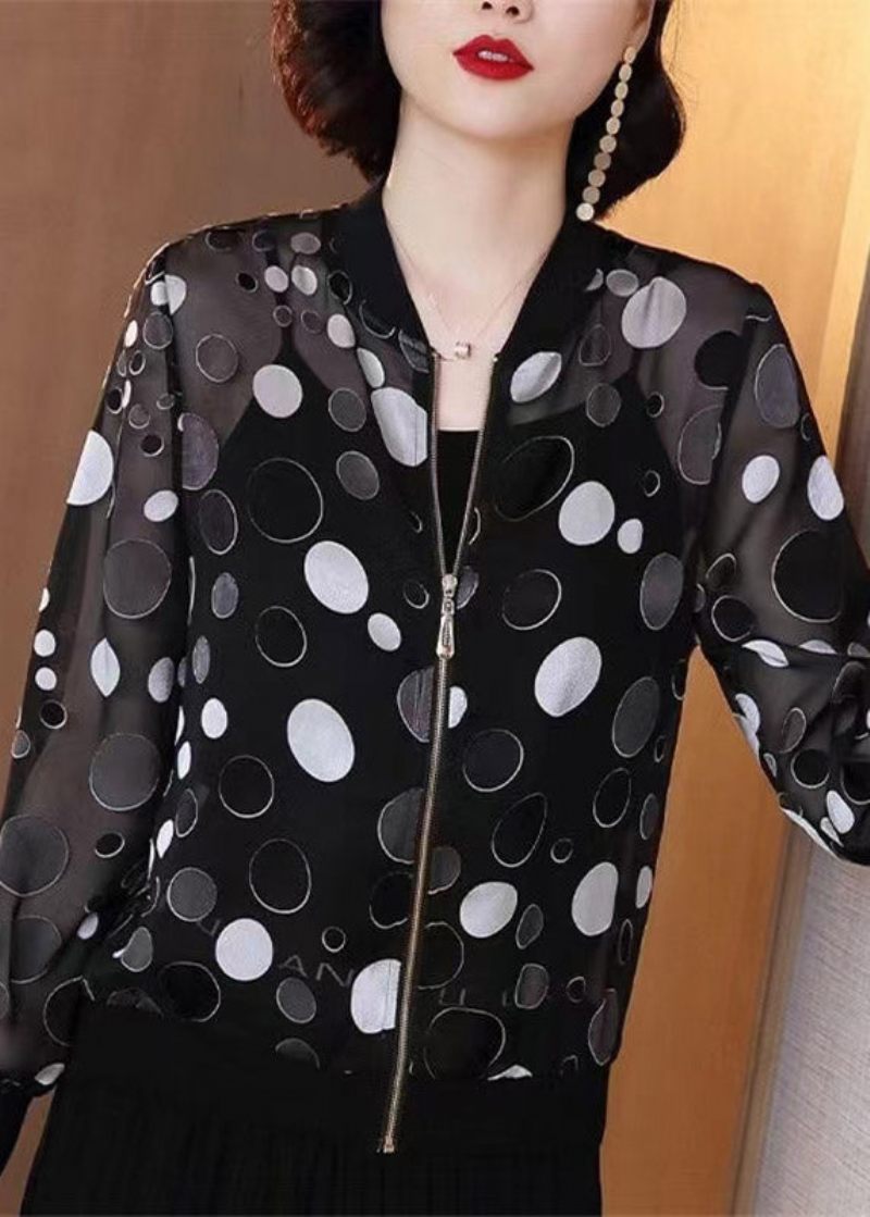 Plus Size Black Dot Print Zippere Chiffong Sunscreen Coat Långärmad - Vinterkappor för kvinnor