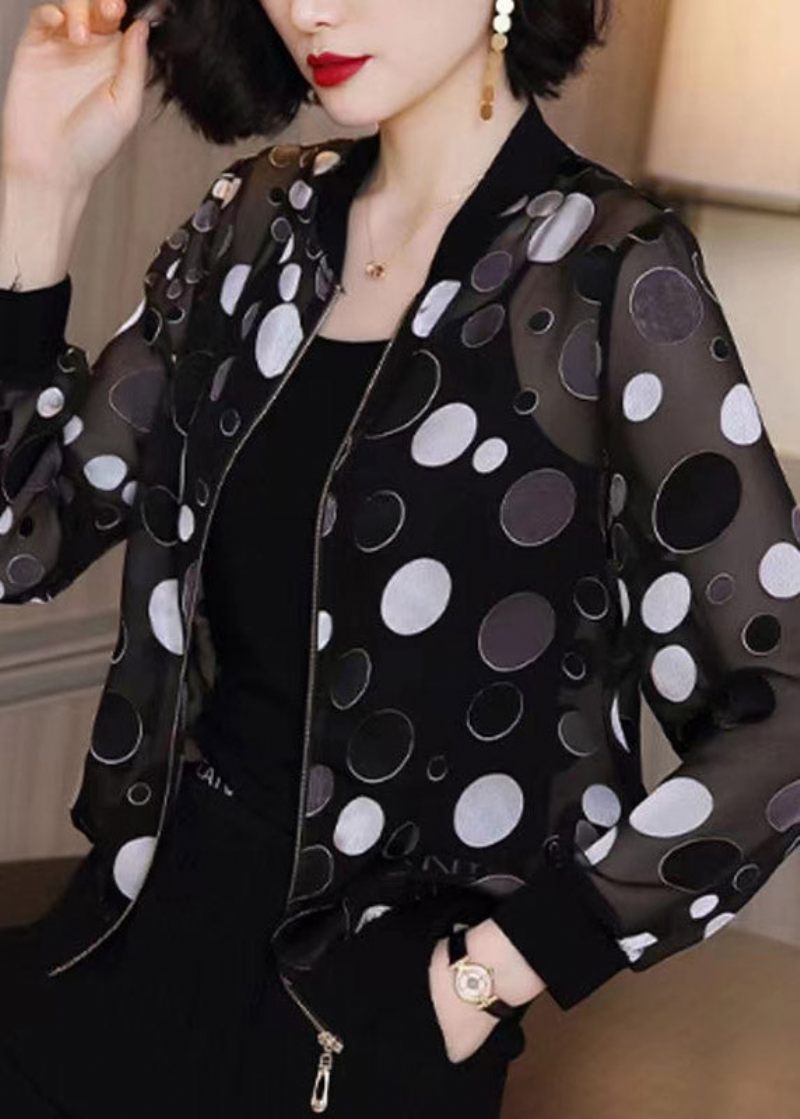 Plus Size Black Dot Print Zippere Chiffong Sunscreen Coat Långärmad - Vinterkappor för kvinnor