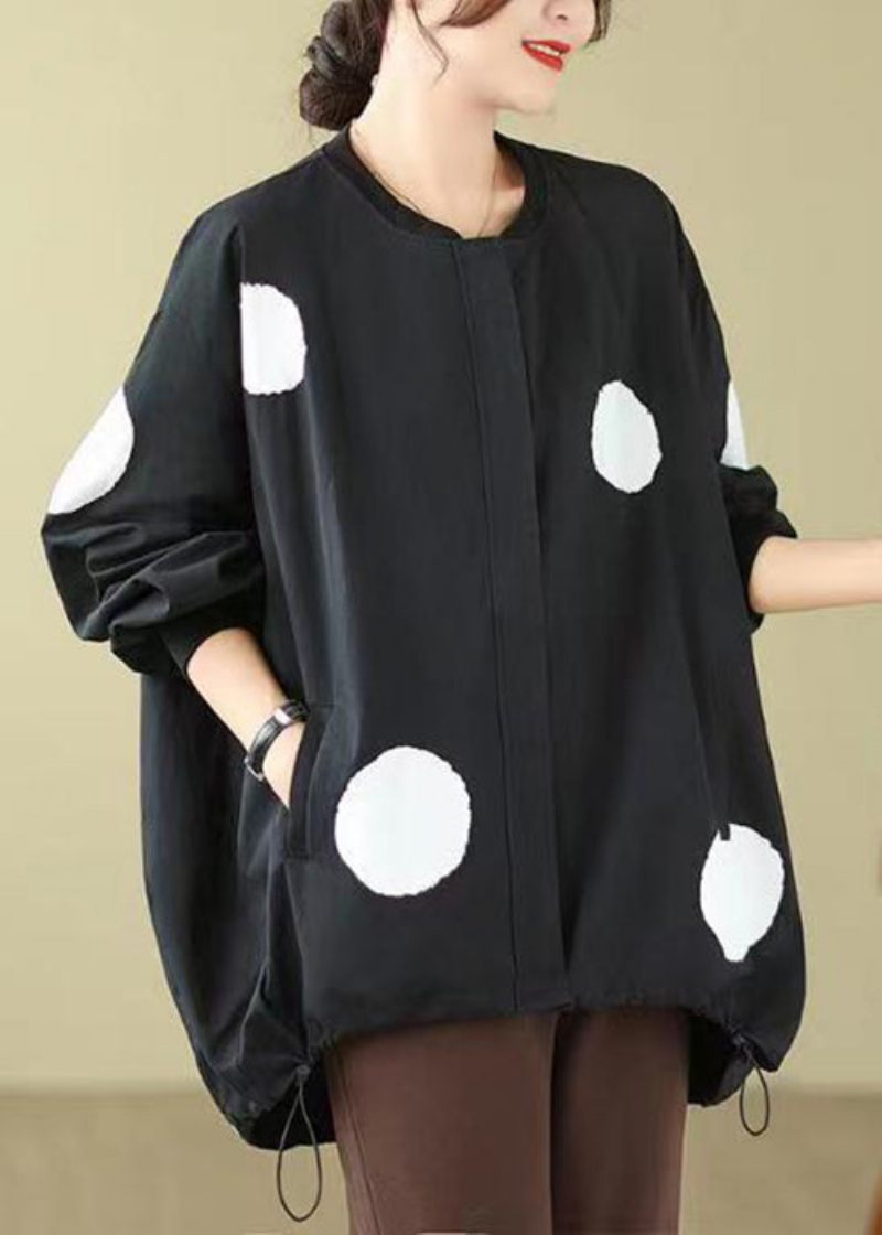 Plus Size Black Dot Zip Up Dragsko Bomullsrock Långärmad