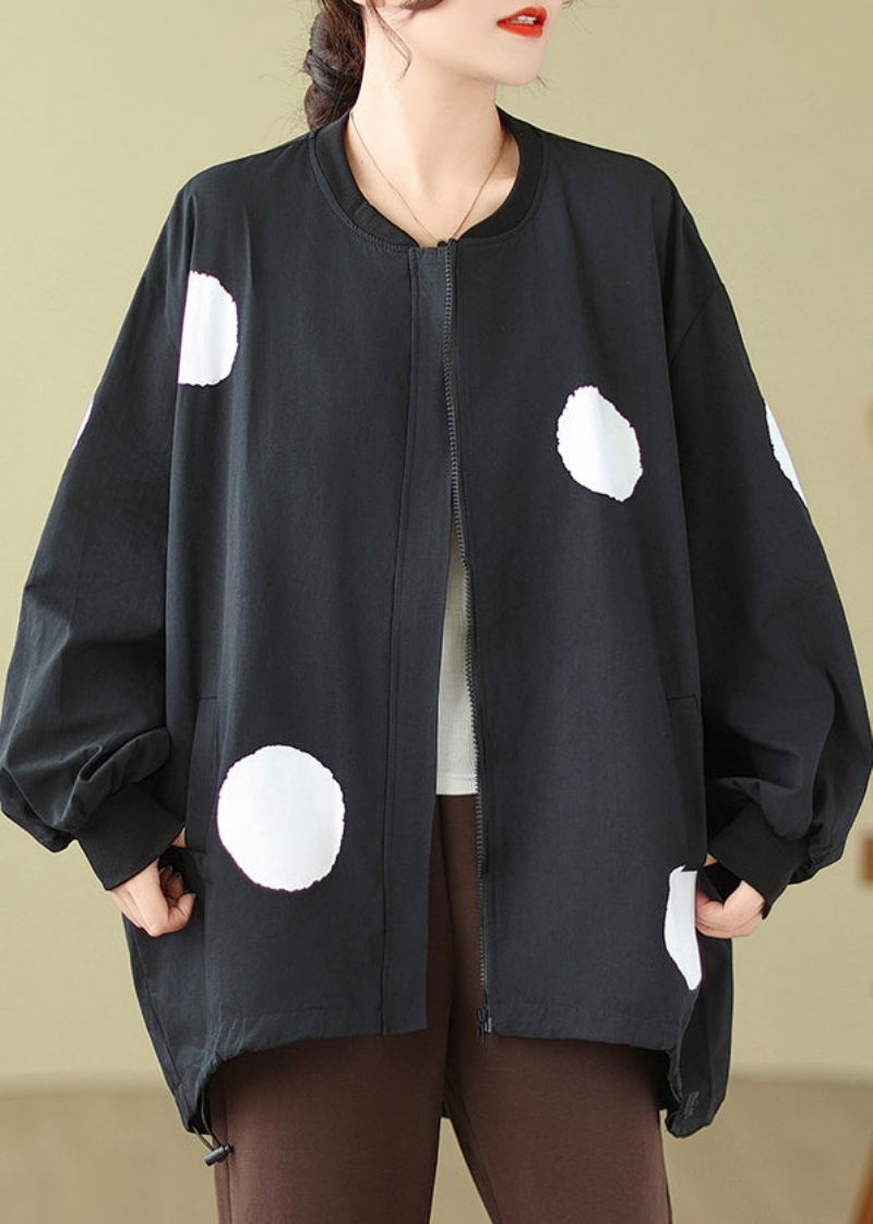 Plus Size Black Dot Zip Up Dragsko Bomullsrock Långärmad - Vinterkappor för kvinnor