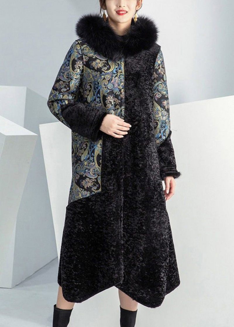 Plus Size Black Fox Krage Patchwork Slitage På Båda Sidor Cashmere Coat Vinter - Vinterkappor för kvinnor