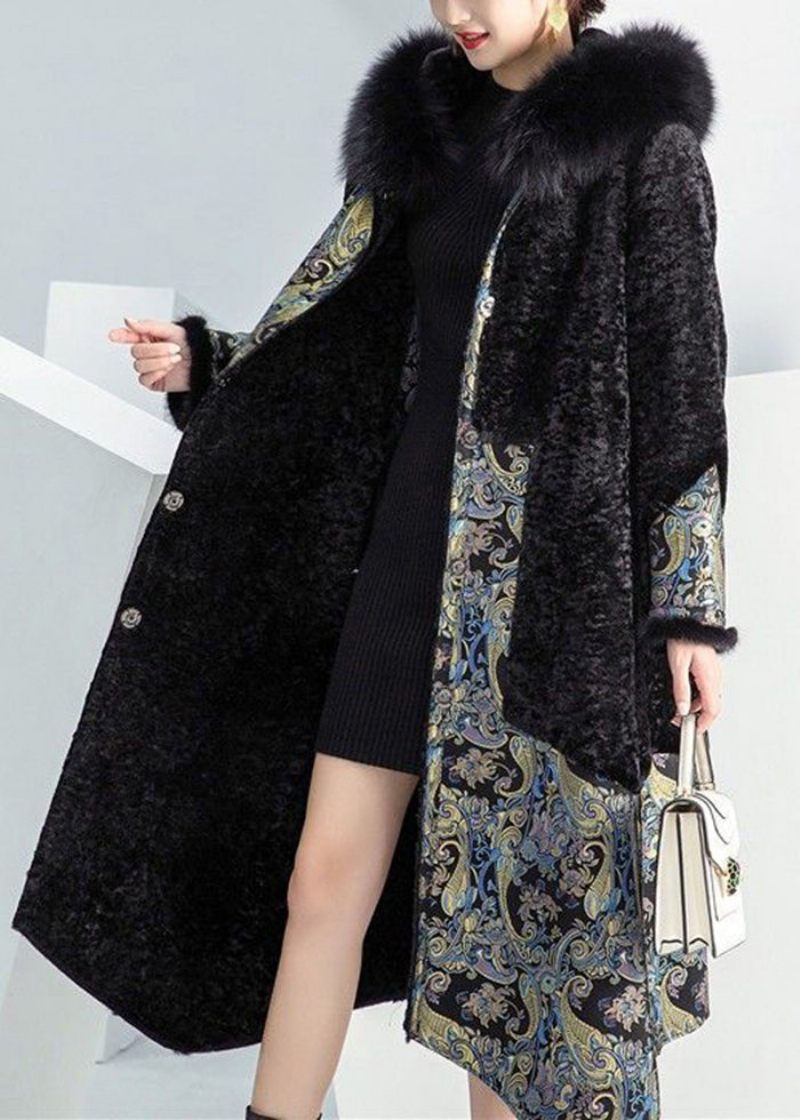 Plus Size Black Fox Krage Patchwork Slitage På Båda Sidor Cashmere Coat Vinter - Vinterkappor för kvinnor