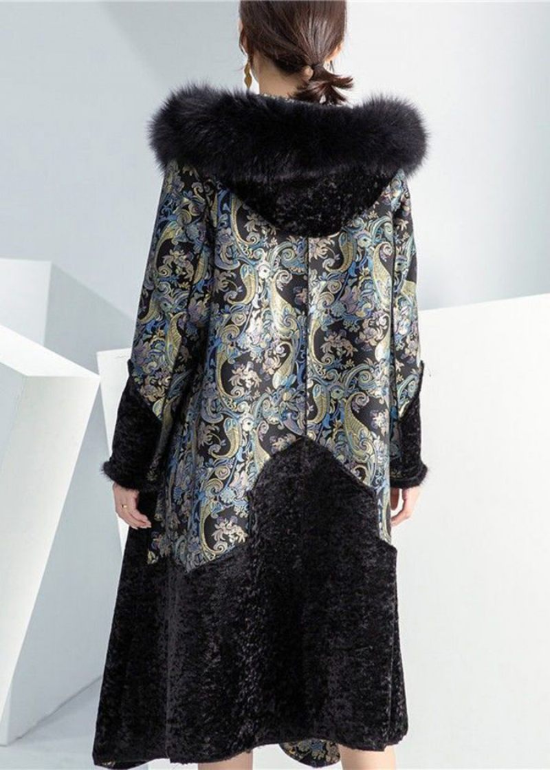 Plus Size Black Fox Krage Patchwork Slitage På Båda Sidor Cashmere Coat Vinter - Vinterkappor för kvinnor