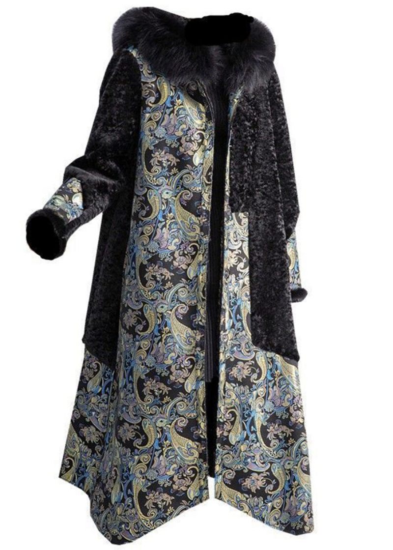 Plus Size Black Fox Krage Patchwork Slitage På Båda Sidor Cashmere Coat Vinter - Vinterkappor för kvinnor