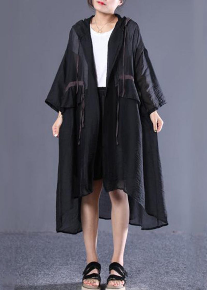 Plus Size Black Hood Tie Midja Bomull Lång Trench Spring - Trenchcoats för kvinnor