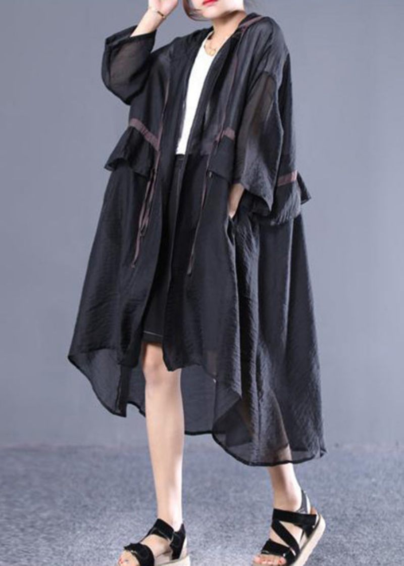 Plus Size Black Hood Tie Midja Bomull Lång Trench Spring - Trenchcoats för kvinnor