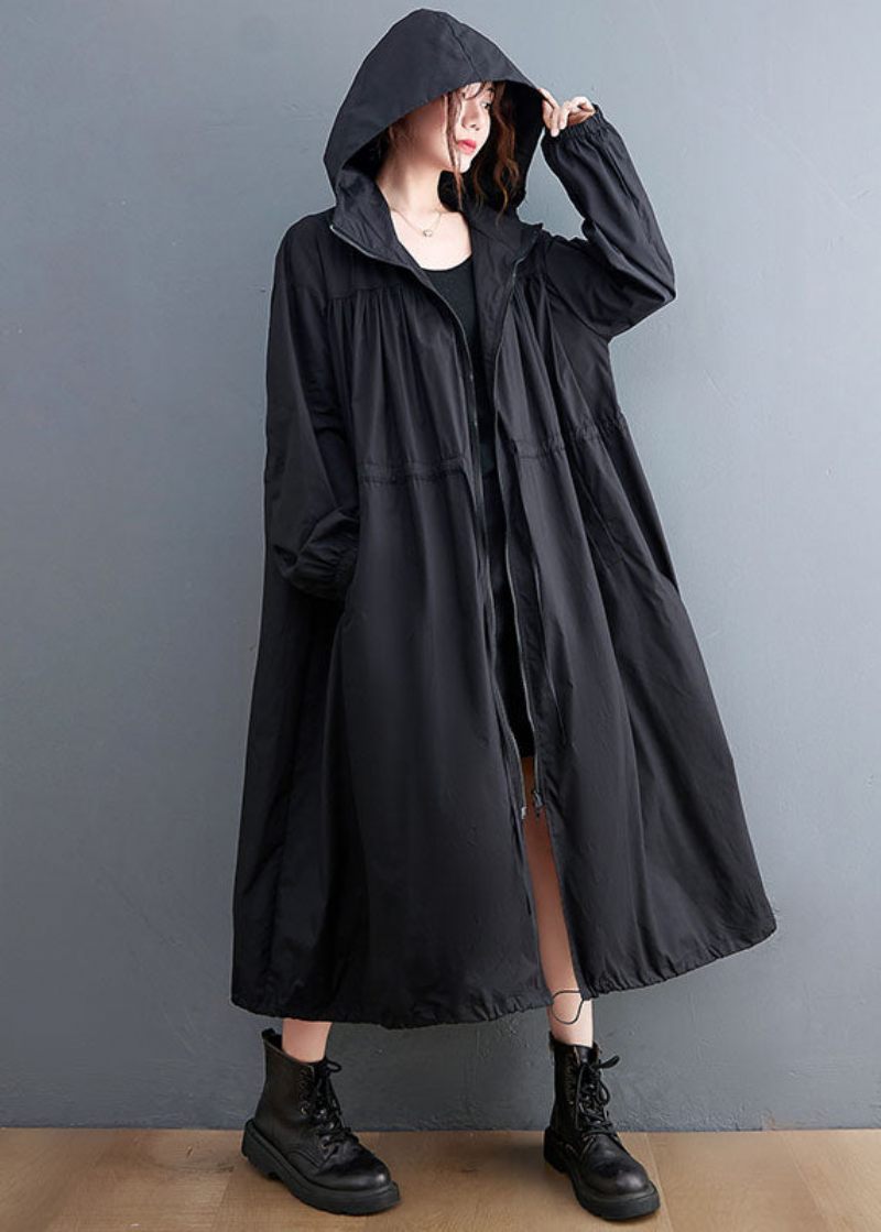 Plus Size Black Hooded Dragstring Cotton Trench Coat Spring