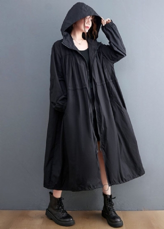 Plus Size Black Hooded Dragstring Cotton Trench Coat Spring