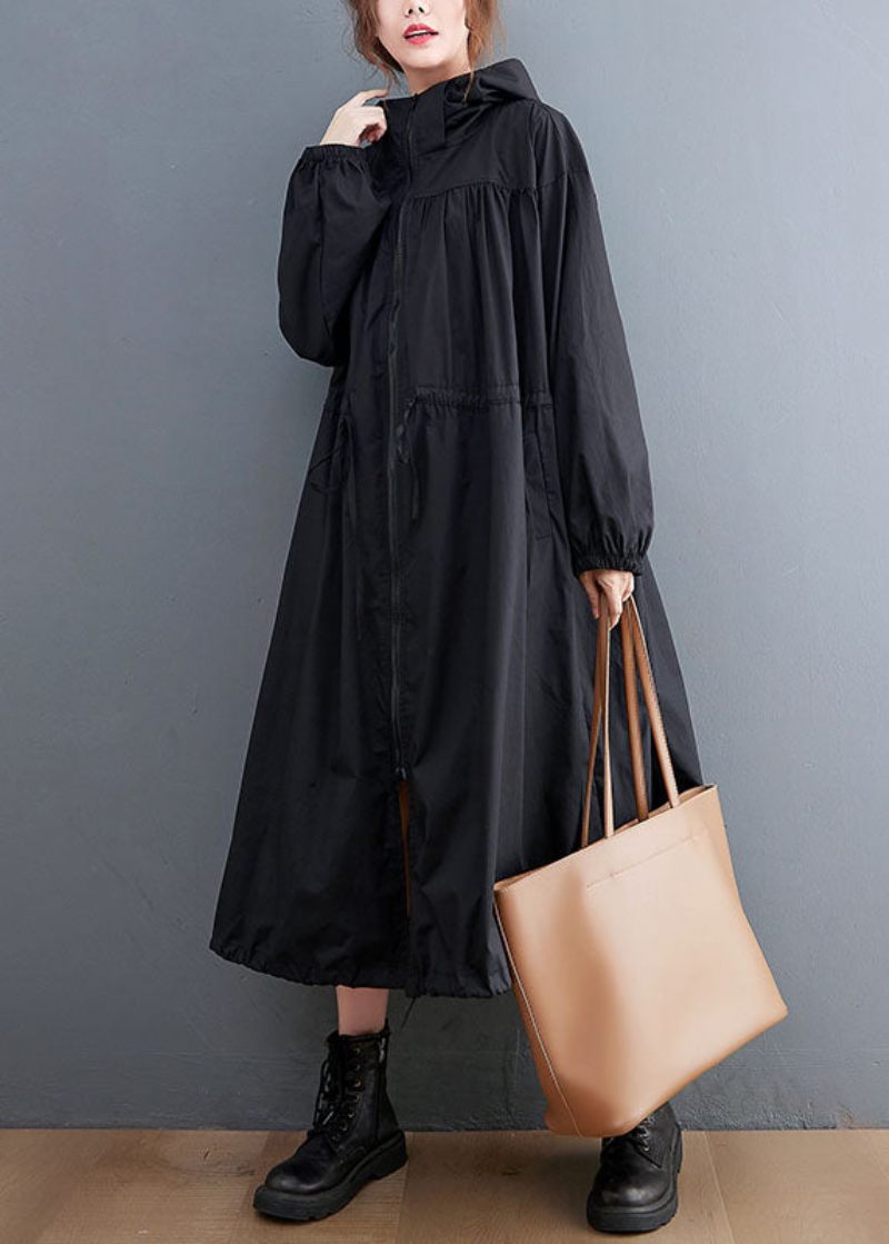 Plus Size Black Hooded Dragstring Cotton Trench Coat Spring - Trenchcoats för kvinnor