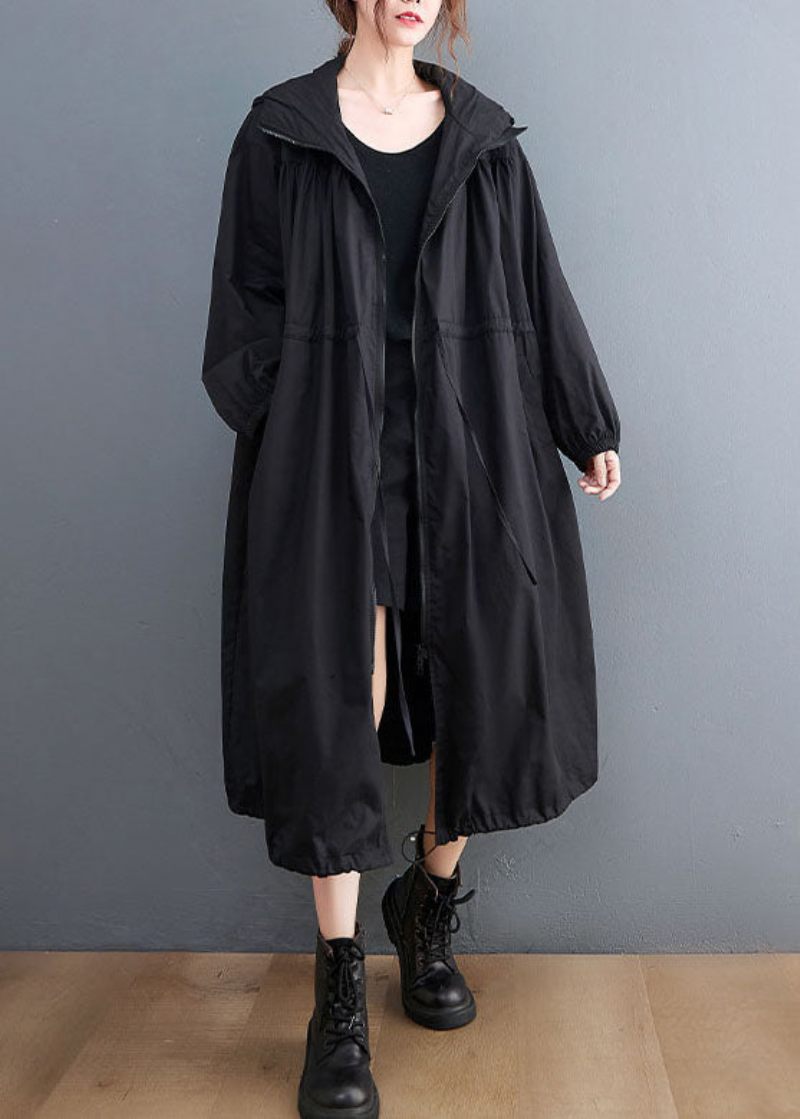 Plus Size Black Hooded Dragstring Cotton Trench Coat Spring - Trenchcoats för kvinnor