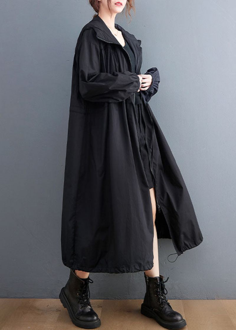 Plus Size Black Hooded Dragstring Cotton Trench Coat Spring - Trenchcoats för kvinnor