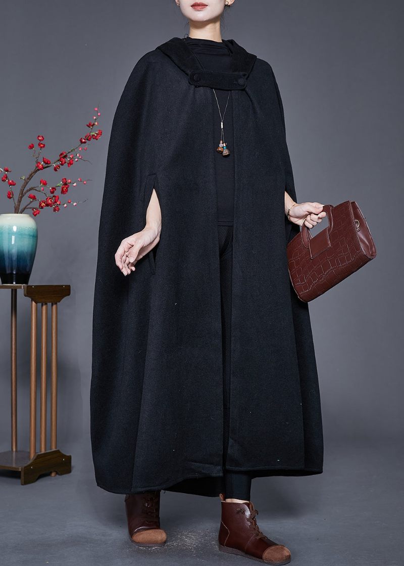 Plus Size Black Hooded Oversized Woolen Trench Cloak-ärmar - Trenchcoats för kvinnor