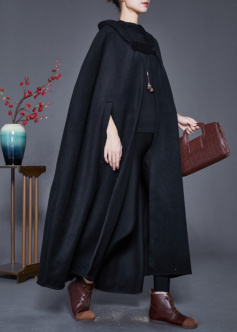 Plus Size Black Hooded Oversized Woolen Trench Cloak-ärmar - Trenchcoats för kvinnor