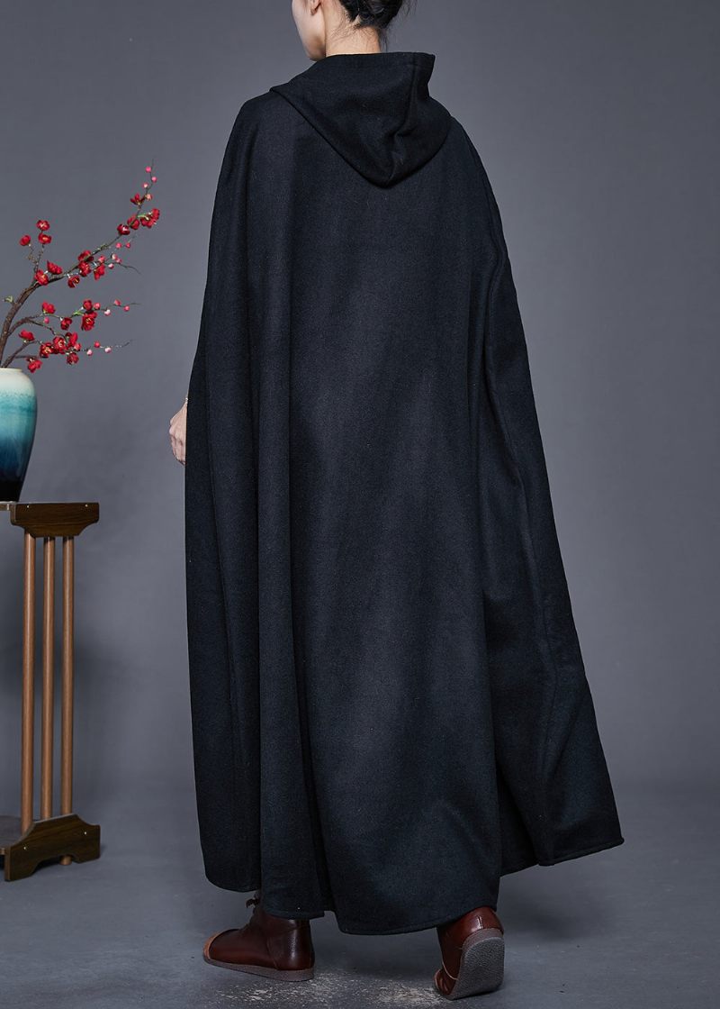 Plus Size Black Hooded Oversized Woolen Trench Cloak-ärmar - Trenchcoats för kvinnor