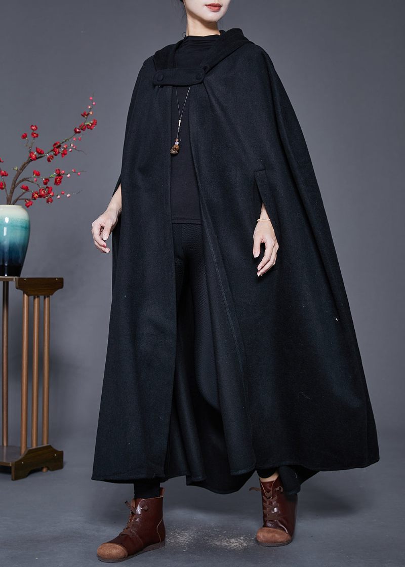 Plus Size Black Hooded Oversized Woolen Trench Cloak-ärmar