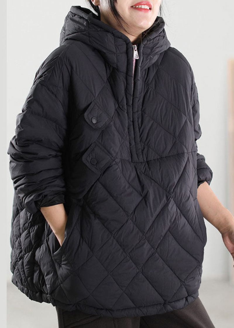 Plus Size Black Hooded Patchwork Duck Down Dunrock Vinter