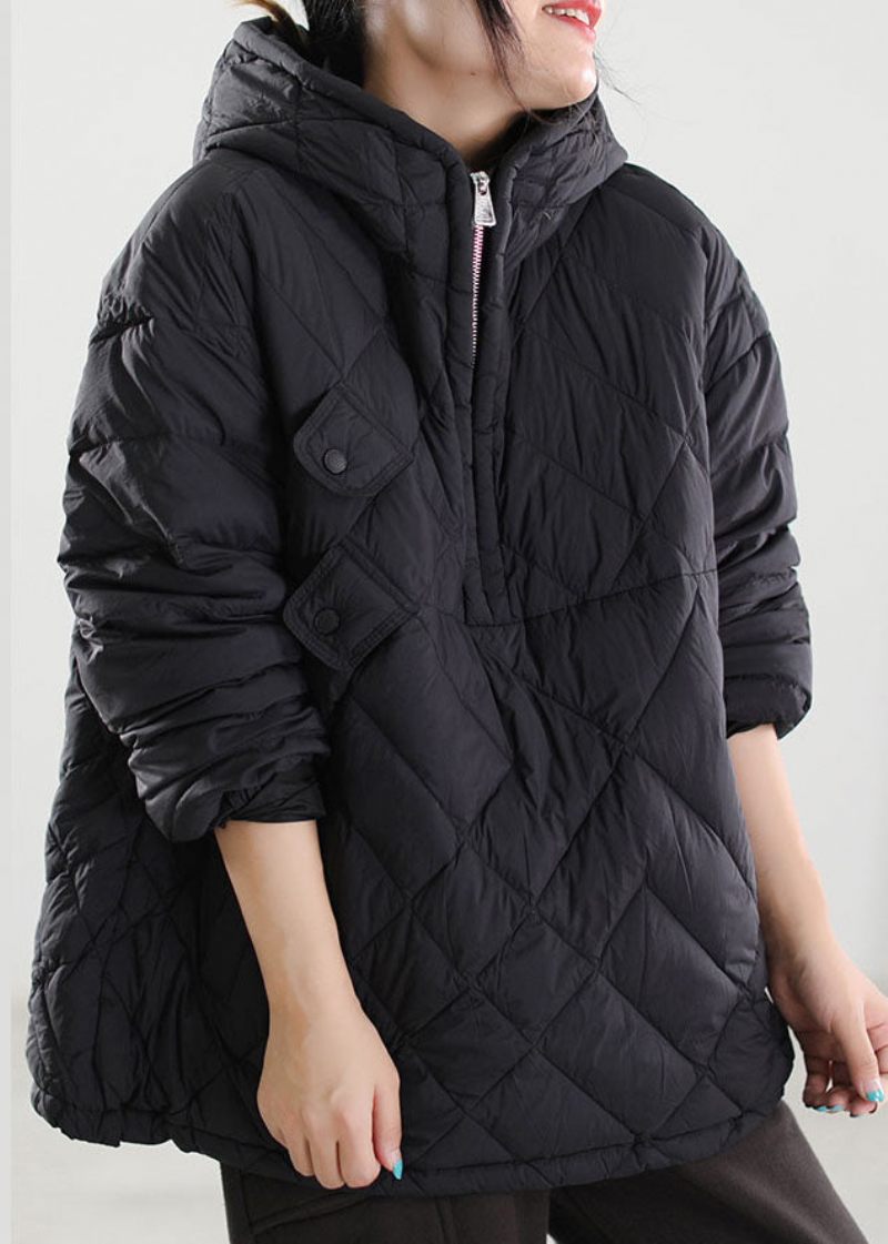 Plus Size Black Hooded Patchwork Duck Down Dunrock Vinter - Svart