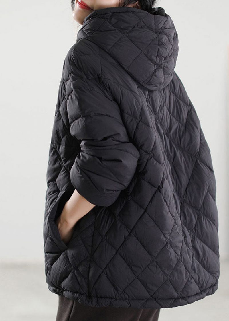 Plus Size Black Hooded Patchwork Duck Down Dunrock Vinter - Svart