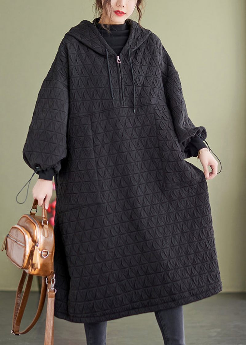 Plus Size Black Hooded Patchwork Fina Bomullsfyllda Klänningar Vinter - Dunjackor för kvinnor