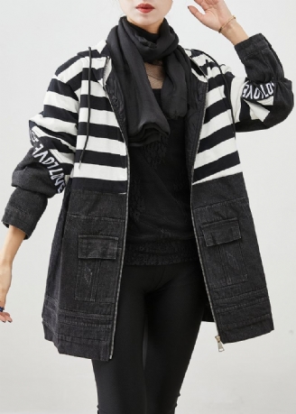 Plus Size Black Hooded Patchwork Randig Fin Bomullsfylld Jeansjacka Witner