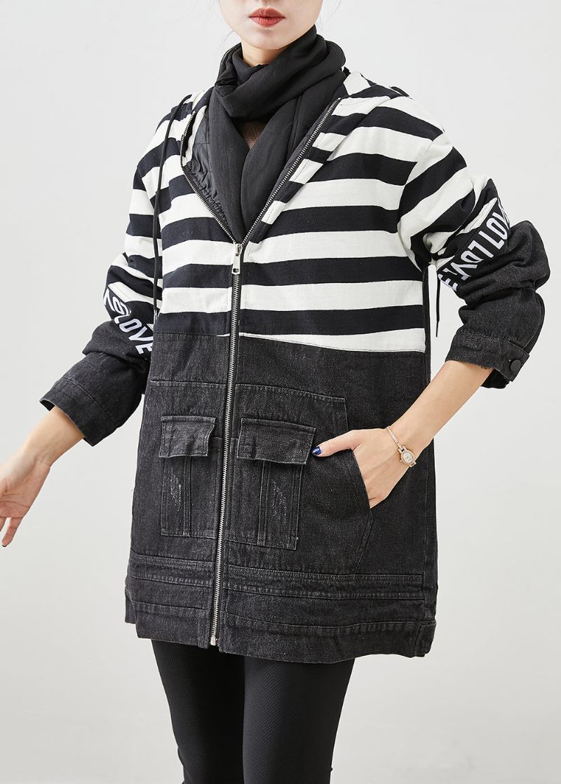 Plus Size Black Hooded Patchwork Randig Fin Bomullsfylld Jeansjacka Witner - Dunjackor för kvinnor