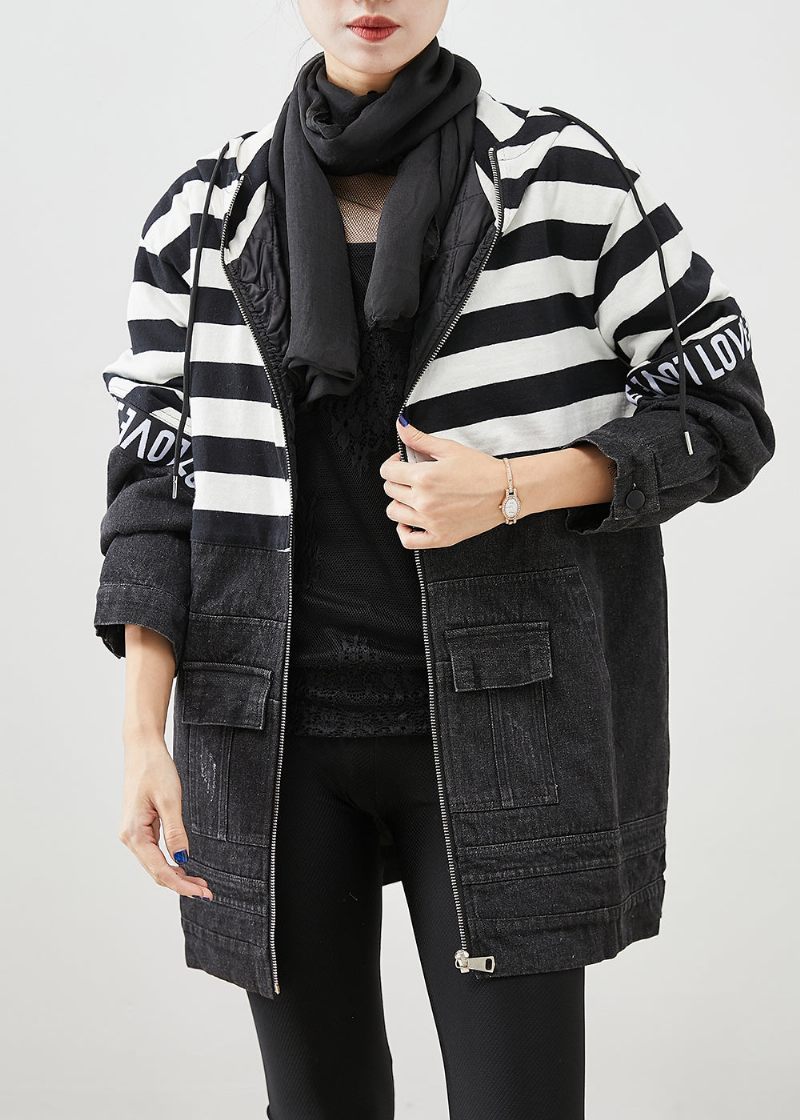 Plus Size Black Hooded Patchwork Randig Fin Bomullsfylld Jeansjacka Witner - Dunjackor för kvinnor