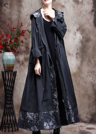 Plus Size Black Hooded Patchwork Trenchcoats Våren