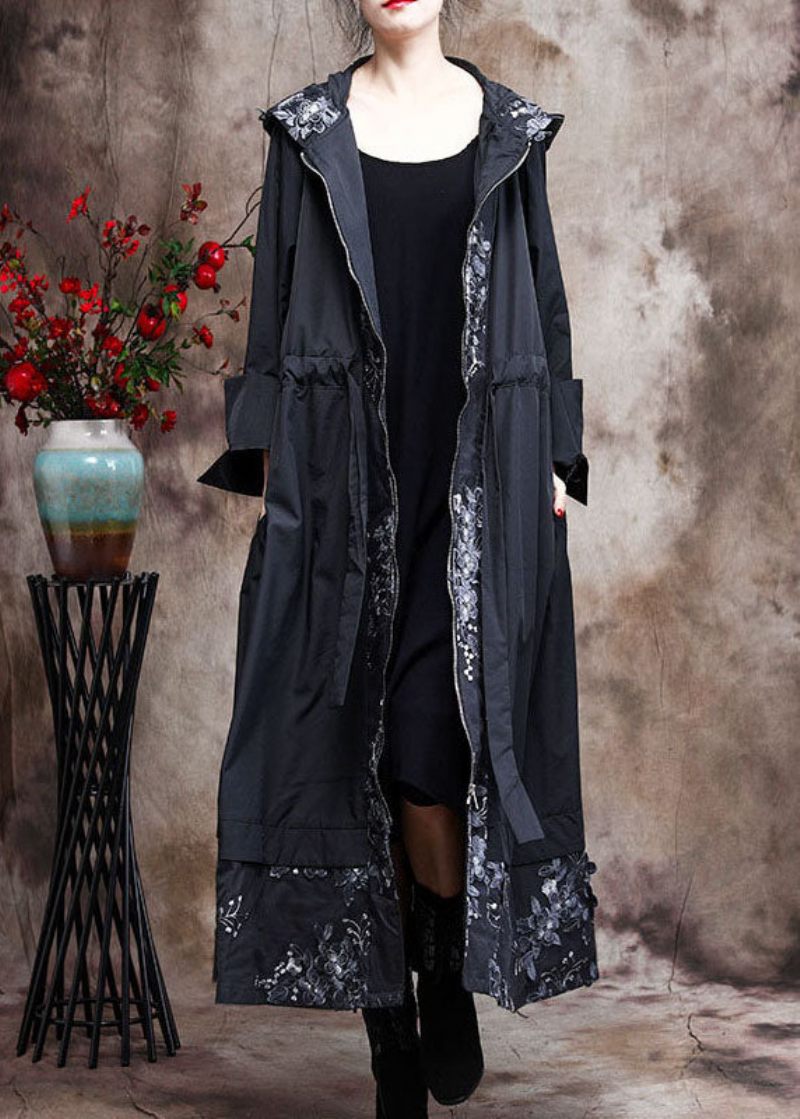 Plus Size Black Hooded Patchwork Trenchcoats Våren - Svart