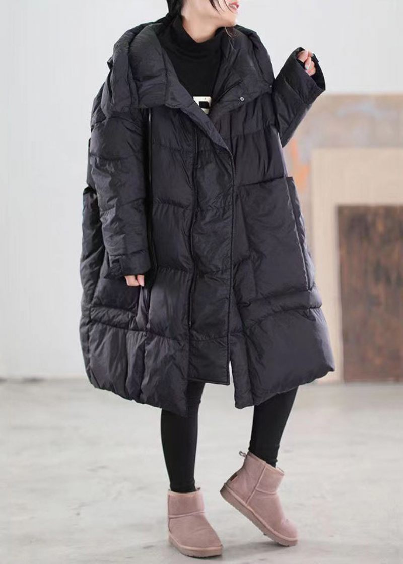 Plus Size Black Hooded Pockets Patchwork Duck Down Coat Winter - Dunjackor för kvinnor