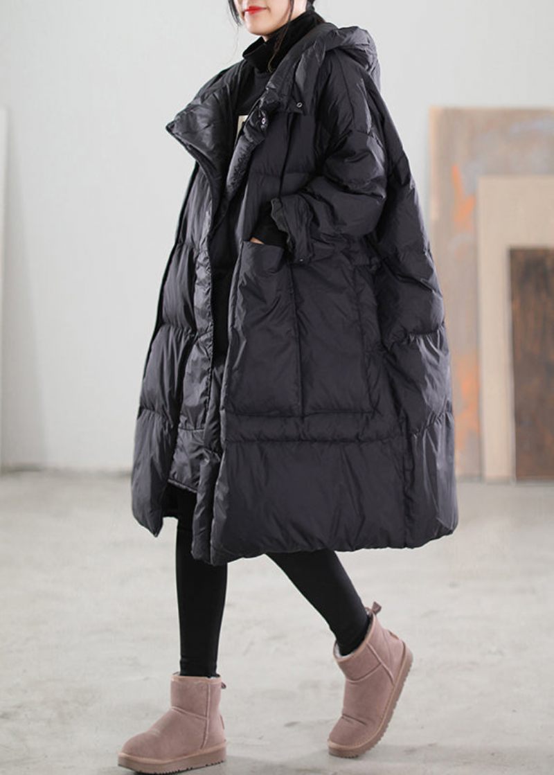 Plus Size Black Hooded Pockets Patchwork Duck Down Coat Winter - Dunjackor för kvinnor