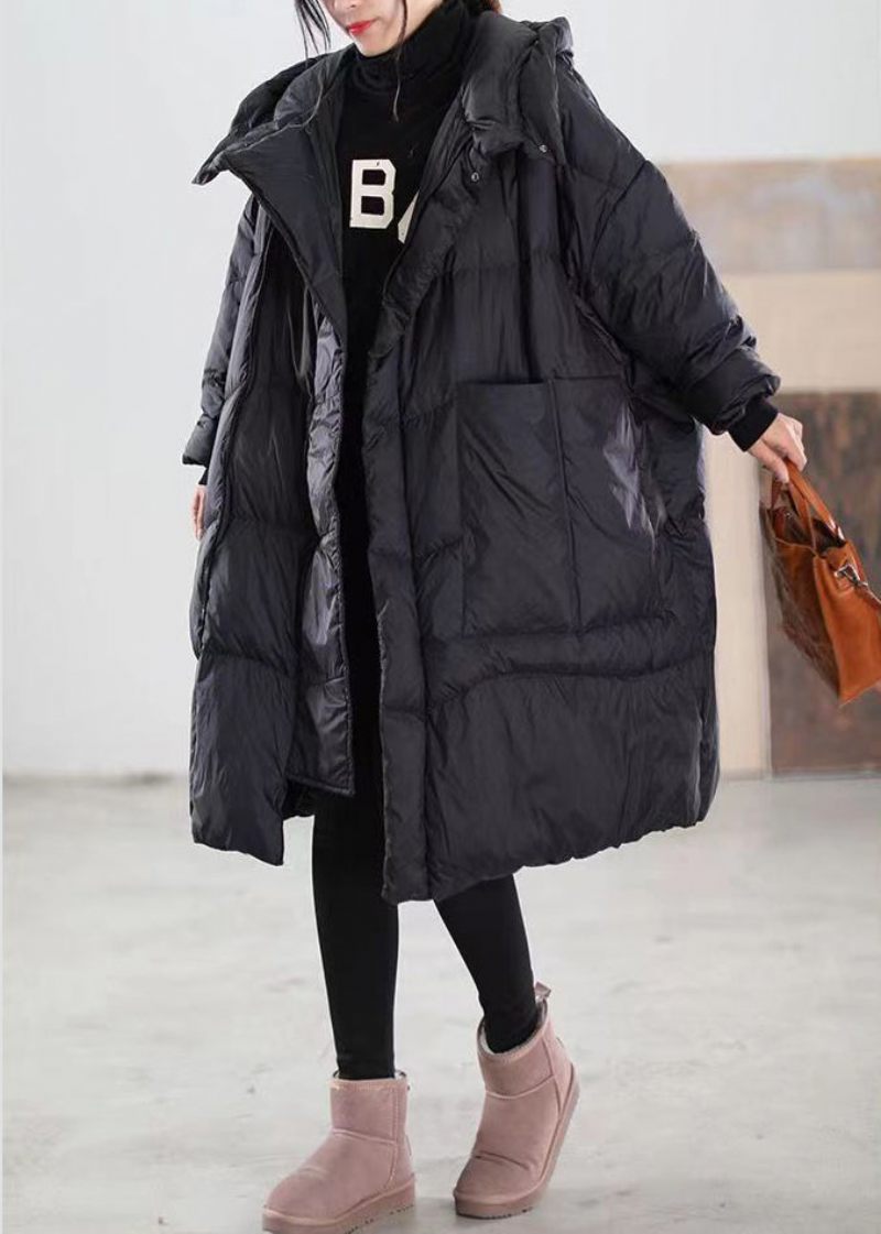 Plus Size Black Hooded Pockets Patchwork Duck Down Coat Winter - Dunjackor för kvinnor