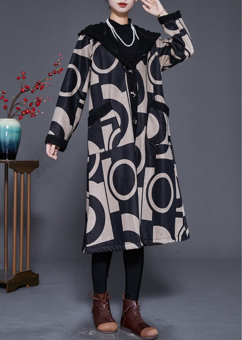 Plus Size Black Hooded Print Fleece Ull Fodrad Trench Winter