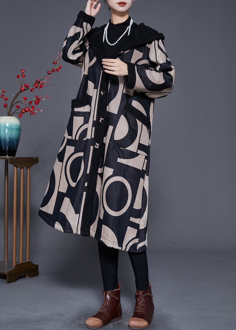 Plus Size Black Hooded Print Fleece Ull Fodrad Trench Winter - Ullrockar för kvinnor