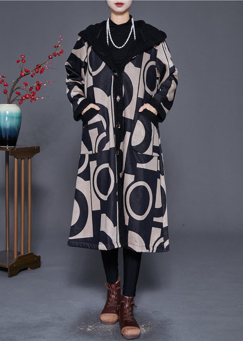 Plus Size Black Hooded Print Fleece Ull Fodrad Trench Winter - Ullrockar för kvinnor