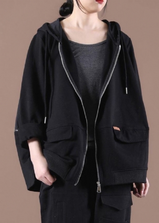 Plus Size Black Hooded Short Coat