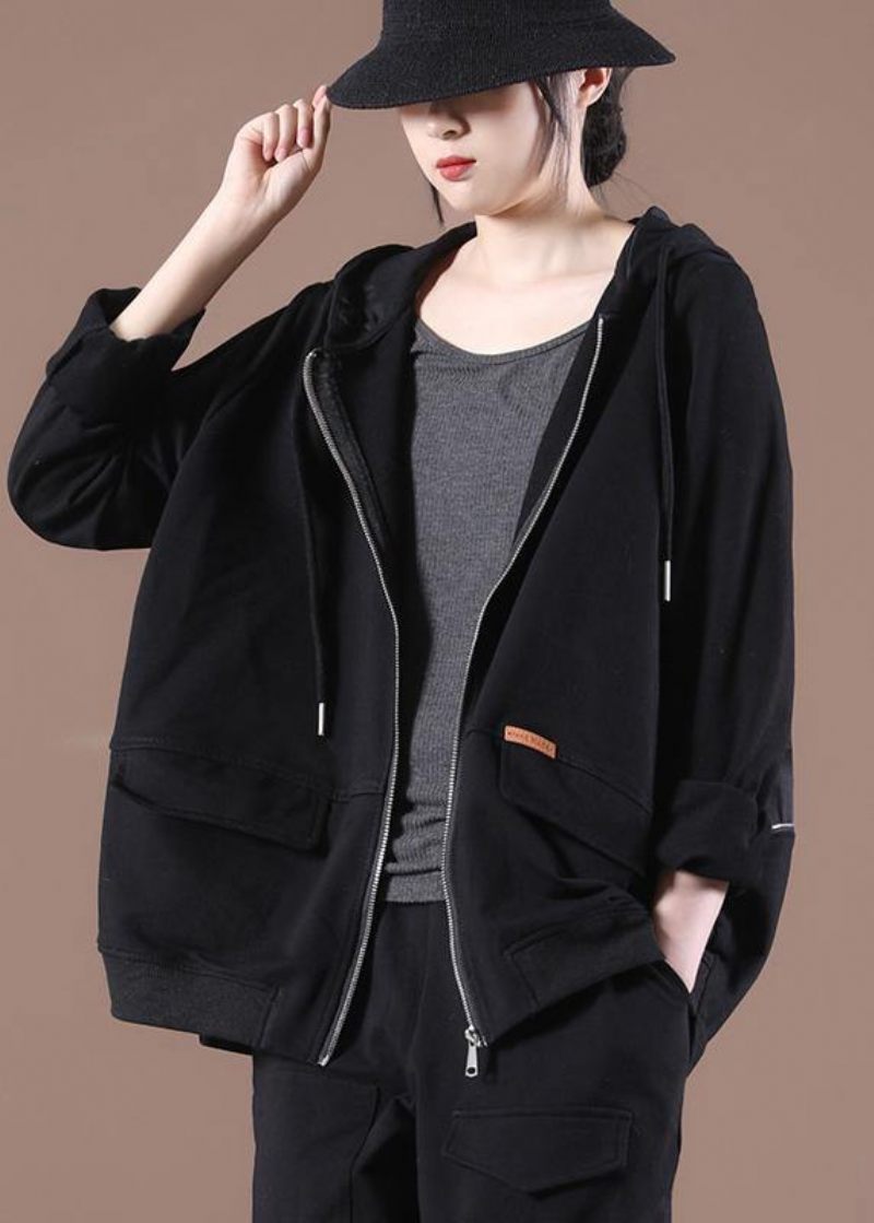 Plus Size Black Hooded Short Coat - Kaffe