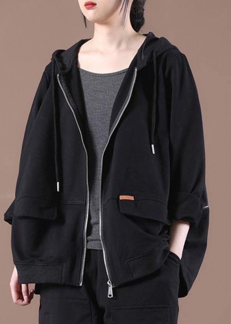 Plus Size Black Hooded Short Coat - Kaffe