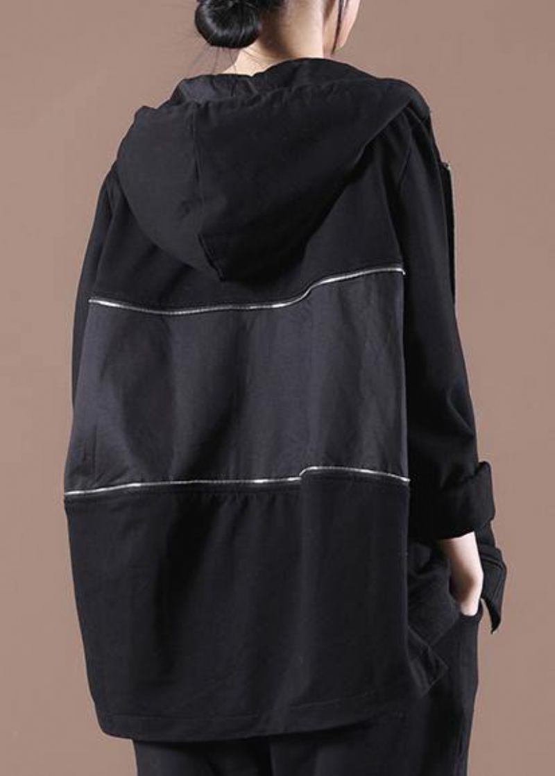 Plus Size Black Hooded Short Coat - Kaffe