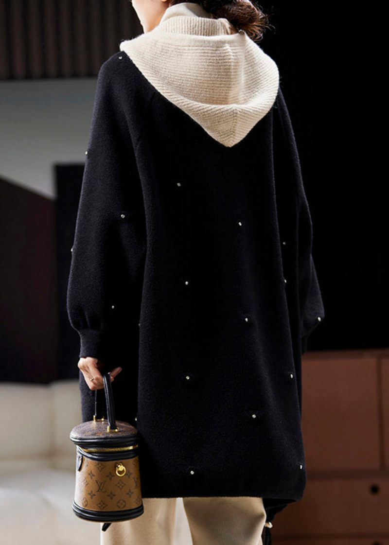 Plus Size Black Hooded Zircon Patchwork Woolen Coats Spring - Ullrockar för kvinnor