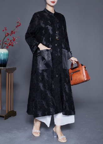 Plus Size Black Oversized Hollow Out Lace Upf 50+ Trenchcoats Sommar