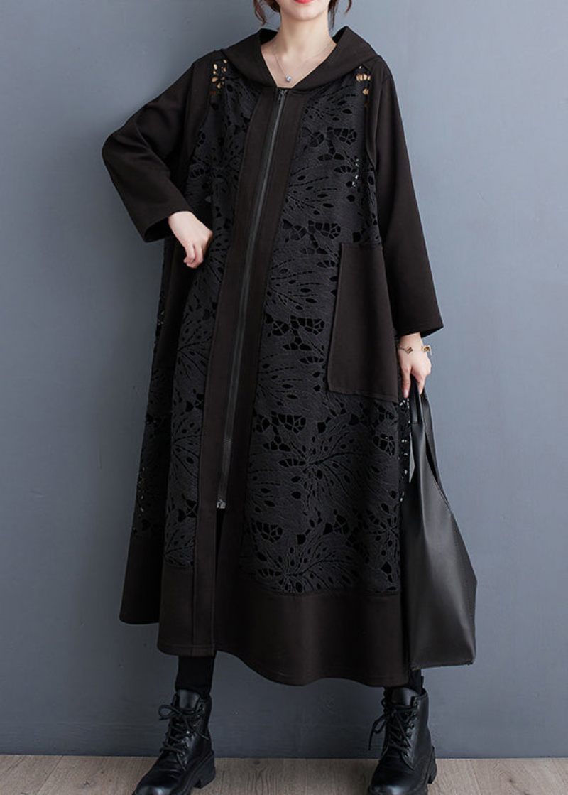 Plus Size Black Oversized Patchwork Hollow Out Cotton Coat Spring - Trenchcoats för kvinnor