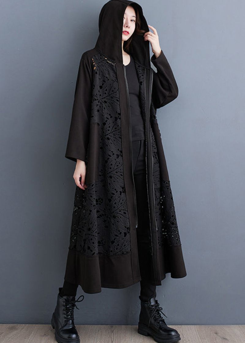 Plus Size Black Oversized Patchwork Hollow Out Cotton Coat Spring - Trenchcoats för kvinnor